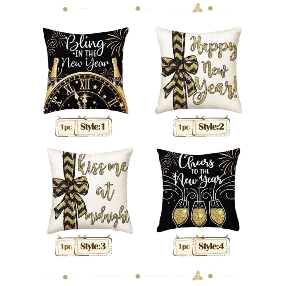 4 Piece Set New Year Holiday Pillow Covers Black‎ & Gold 45 x 45 cm Party Theme